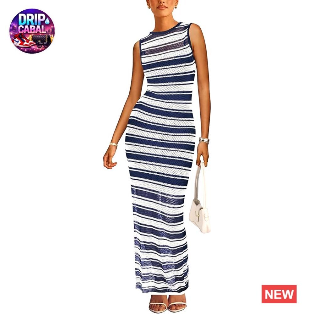 Crochet Knit Maxi Dress Swimsuit Coverup Sleeveless Striped Beach